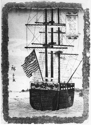 Artistic image of one of Commodore Perry's ships flying the American flag