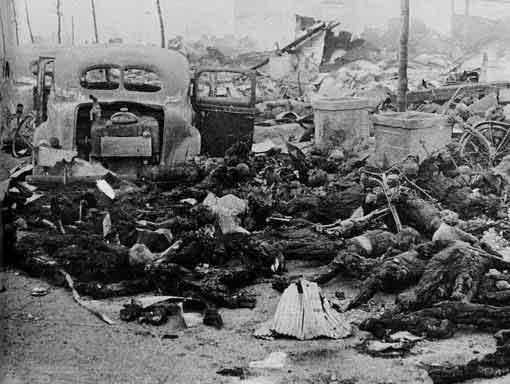 An images of charred human remains resulting from the firebomb raids.