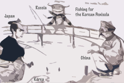 Artistic caricature of Japan and China seated around a pond while Russia looks on.