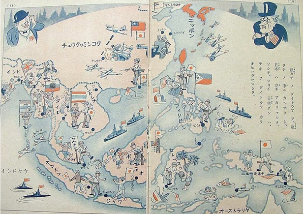 A cartoon-like map of Japan's predominance in the Western Pacific with Uncle Sam and Churchill scratching their heads on opposite sides of the map.