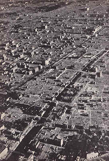 Photographic image of the total devastion brought about by the bomb over Hiroshima.
