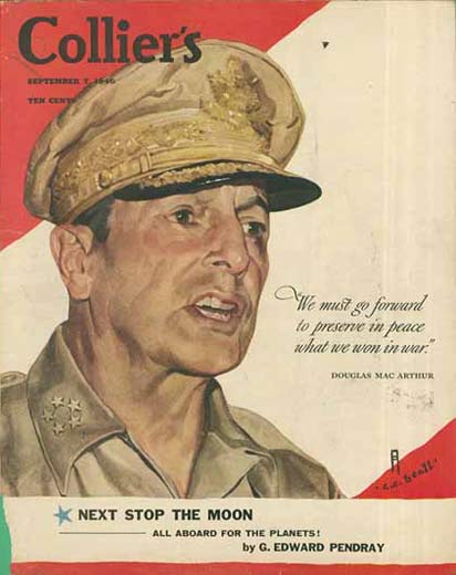 Image of General MacArthur on a Colliers coverpage expressing the need to achieve in peace what was won in war.