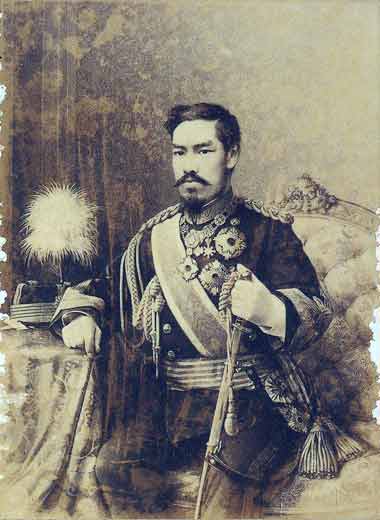 A chipped painting of the seated Meiji emperor.