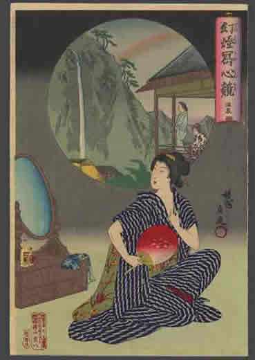 Print image of a woman seated in front of a mirror with a fan.