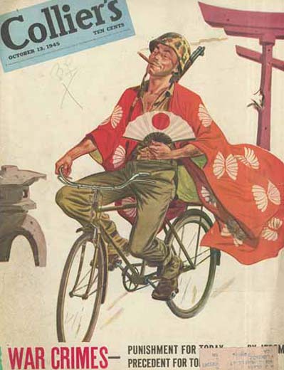Image of Collier's October 13, 1945 cover page depicting an American GI seated on a bicycle returning from a sexual encounter with a Japanese woman