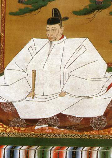 An artistic image of Toyotomi Hideyoshi dressed in white and seated.