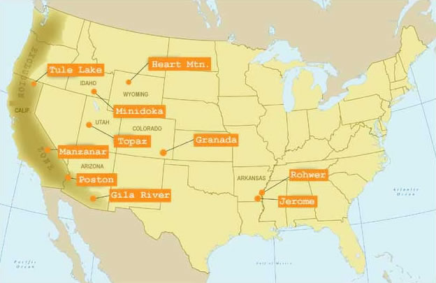 A map showing the location of US Japanese internment camps during World War II. 