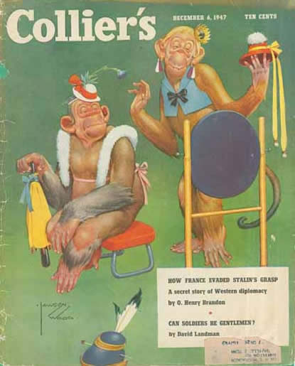 Image of Colliers coverpage depicting two monkeys dressing in front of a mirror with a caption asking if soldiers can be gentlemen.