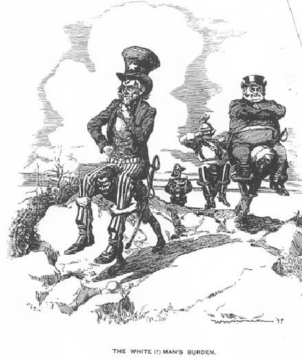 An artistic caricature of Uncle Sam and several 19th century European leaders seated in historical progression on the backs of those whom they exploited through their imperial and expansionist policies.
